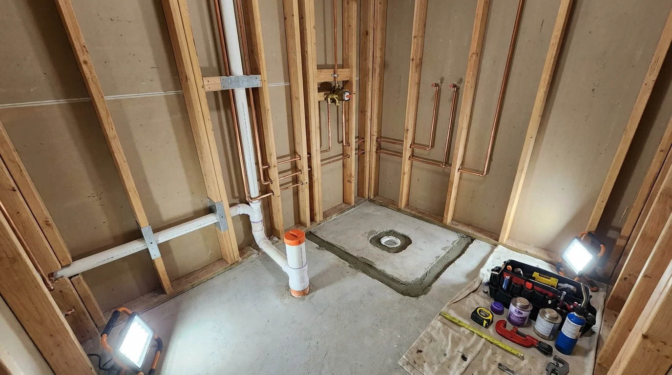 Bathroom rough-in plumbing during remodel by Johns Plumbing LLC in Bellbrook