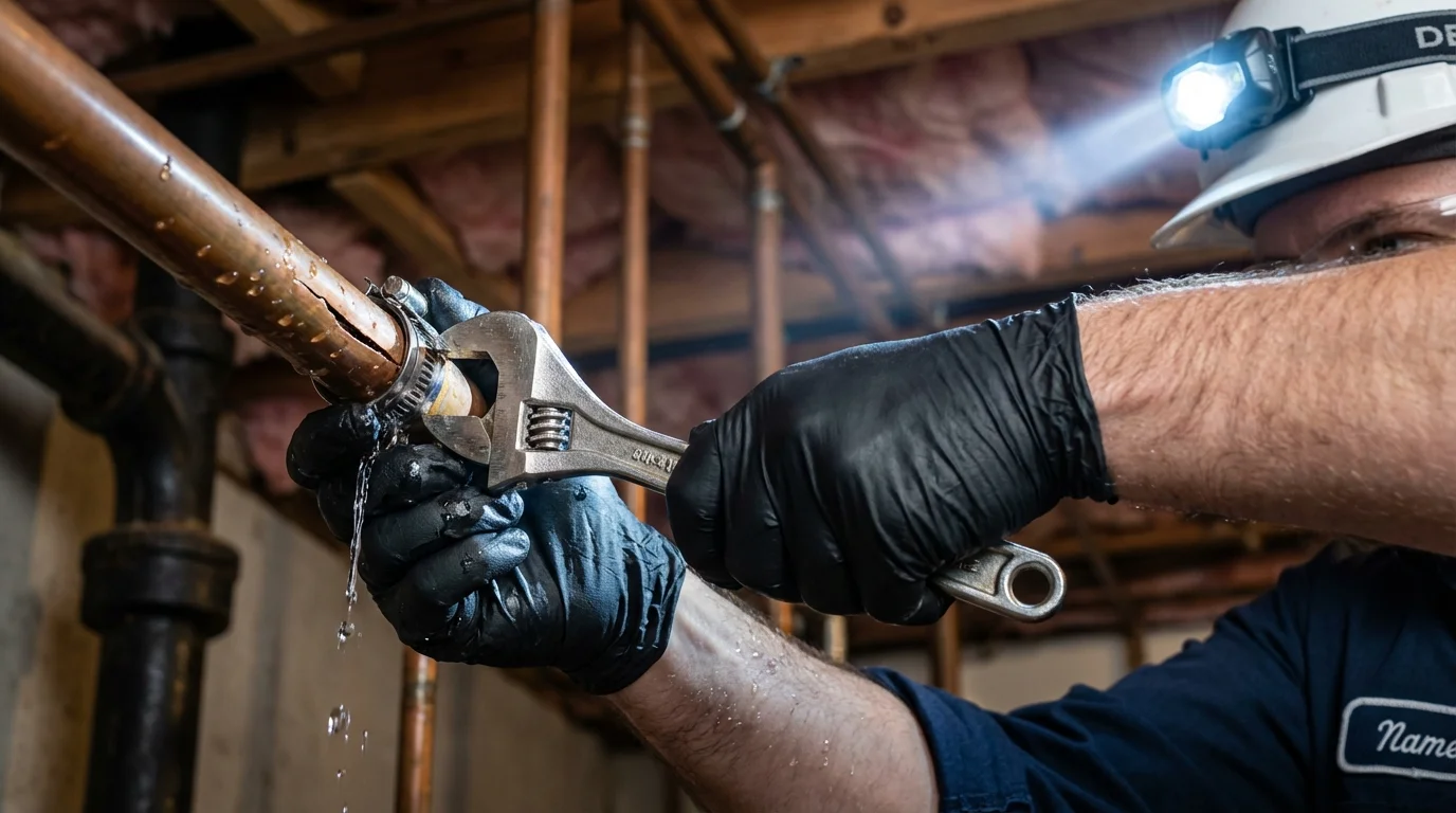 Emergency pipe clamp repair being performed by a Johns Plumbing LLC plumber in Bellbrook