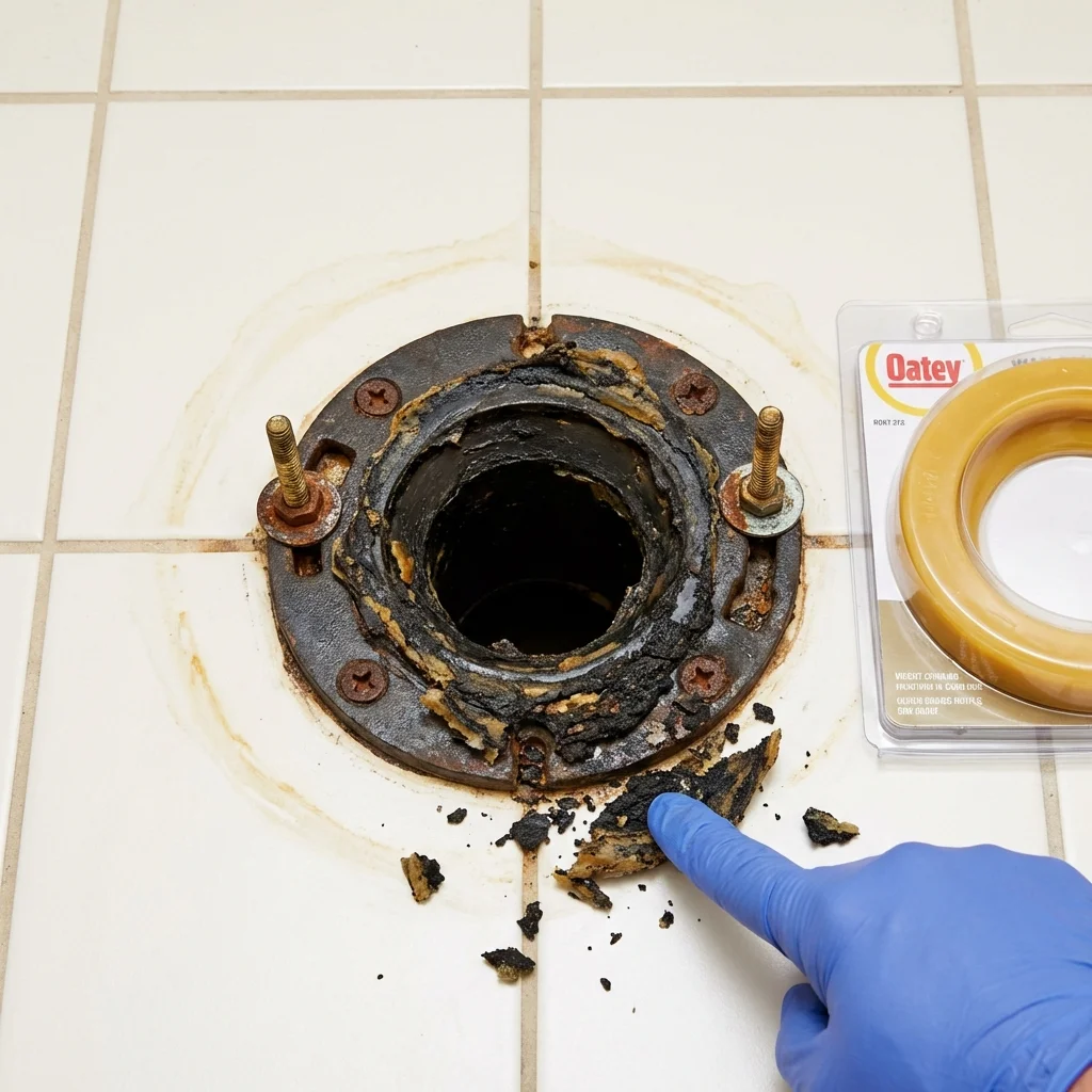 Failed wax ring showing water seepage at the base of a toilet in a Bellbrook, OH home